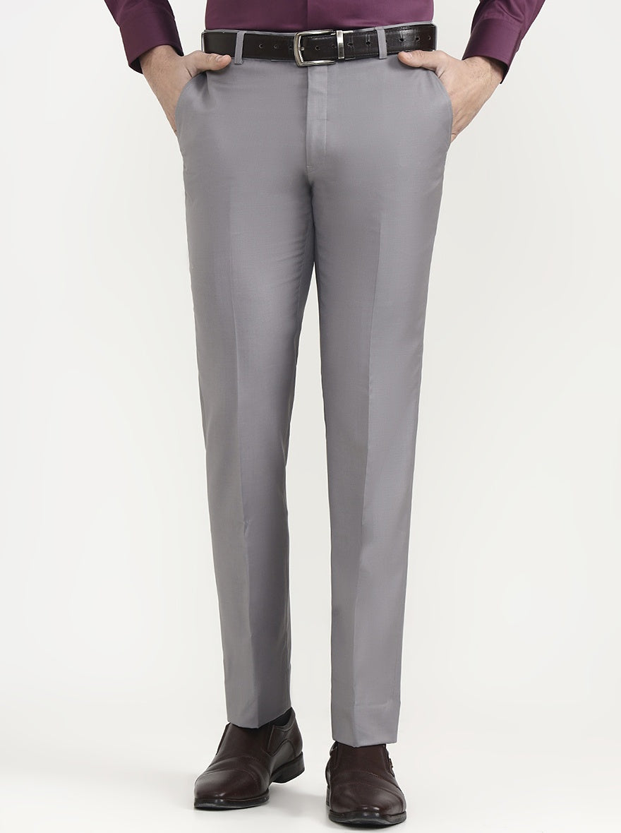 Light Grey Solid Slim Fit Formal Trouser | JadeBlue Super Luxe