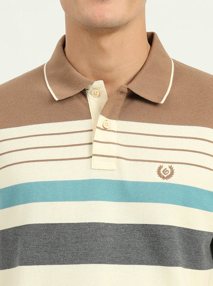 Cream & Brown Striped Slim Fit Polo T-Shirt | Greenfibre