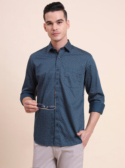 Medium Blue Printed Smart Fit Semi Casual Shirt | Greenfibre