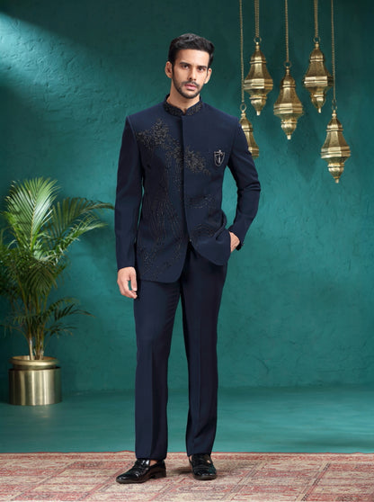 Navy Blue Embroidered Jodhpuri Suit | TULA