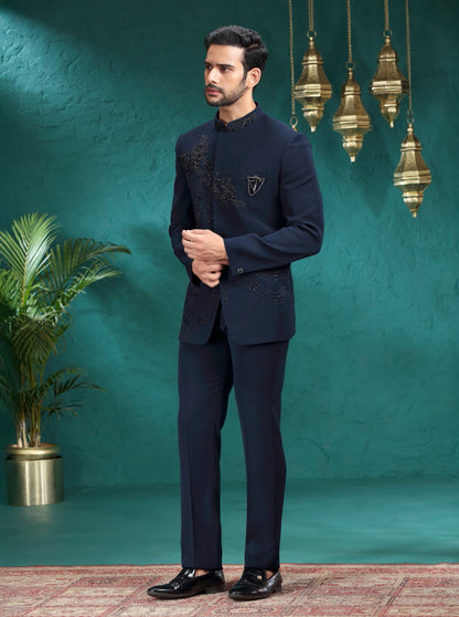 Navy Blue Embroidered Jodhpuri Suit | TULA