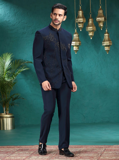Navy Blue Embroidered Jodhpuri Suit | TULA