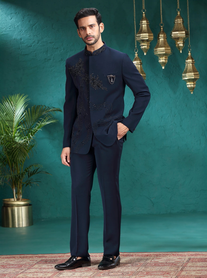Navy Blue Embroidered Jodhpuri Suit | TULA