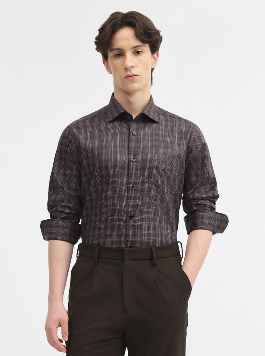 Blue & Fawn Checked Slim Fit Formal Shirt | Metal