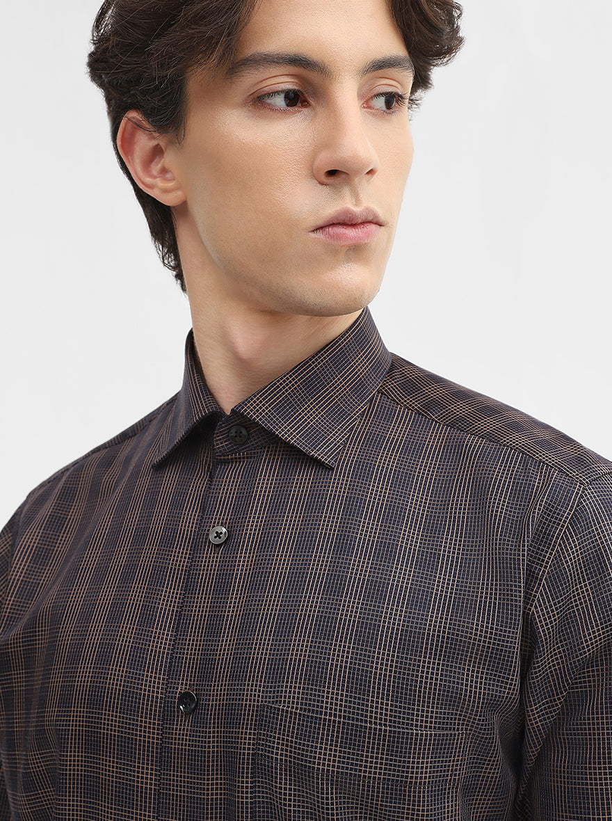 Blue & Fawn Checked Slim Fit Formal Shirt | Metal