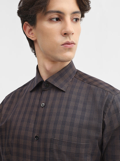 Blue & Fawn Checked Slim Fit Formal Shirt | Metal