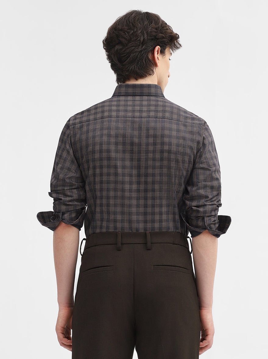 Blue & Fawn Checked Slim Fit Formal Shirt | Metal
