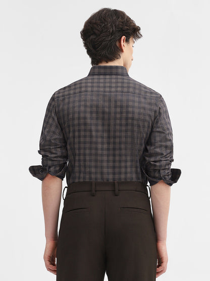 Blue & Fawn Checked Slim Fit Formal Shirt | Metal