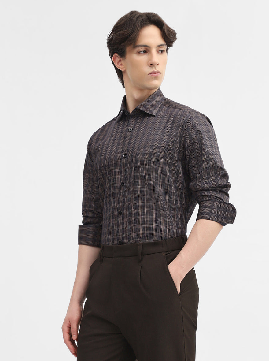 Blue & Fawn Checked Slim Fit Formal Shirt | Metal