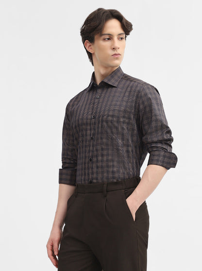 Blue & Fawn Checked Slim Fit Formal Shirt | Metal
