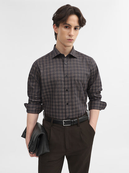 Blue & Fawn Checked Slim Fit Formal Shirt | Metal