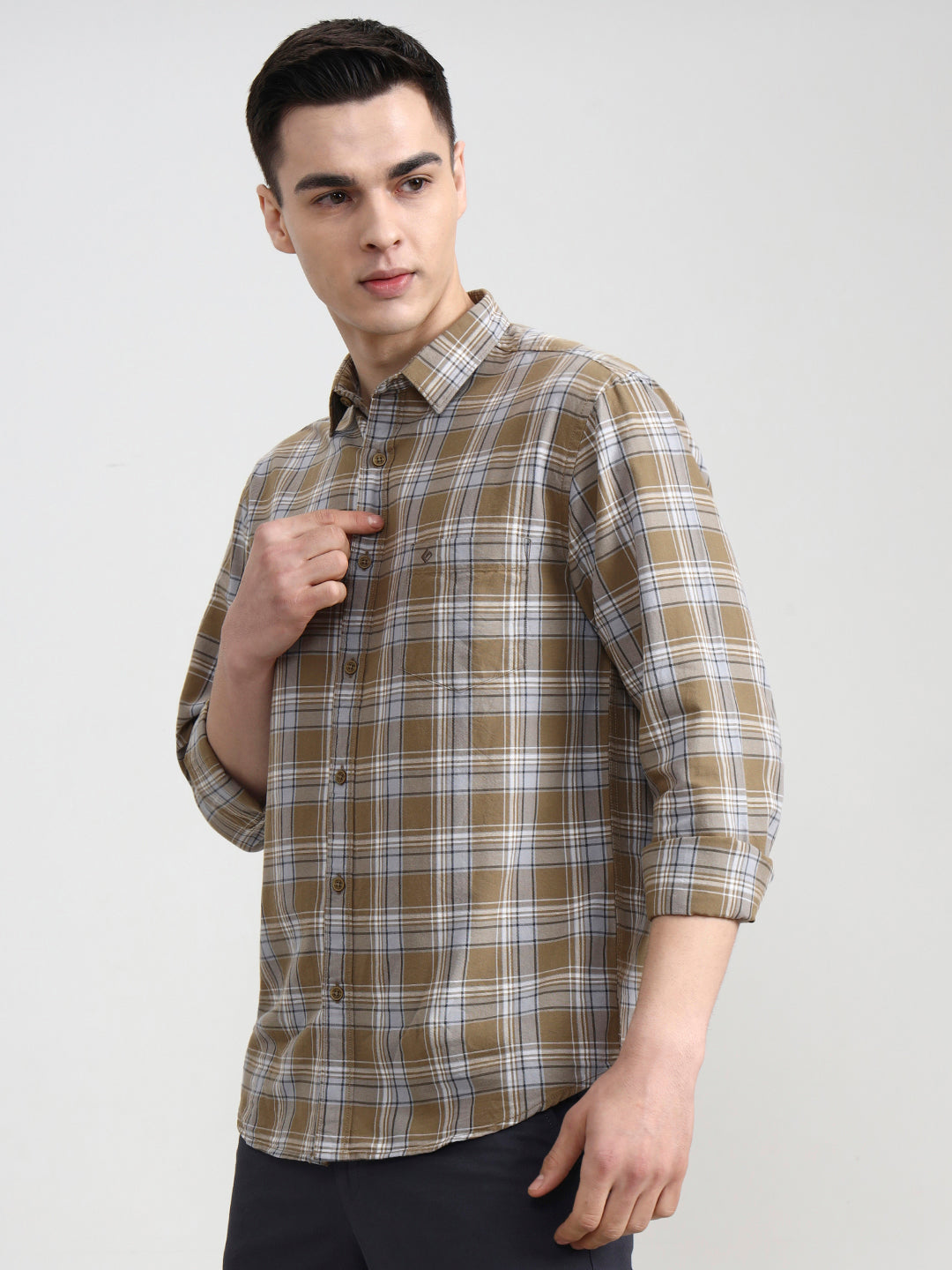 Light Olive Checked Slim Fit Casual Shirt | Greenfibre