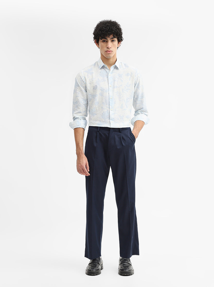 Blue & White Printed Slim Fit Casual Shirt | JadeBlue