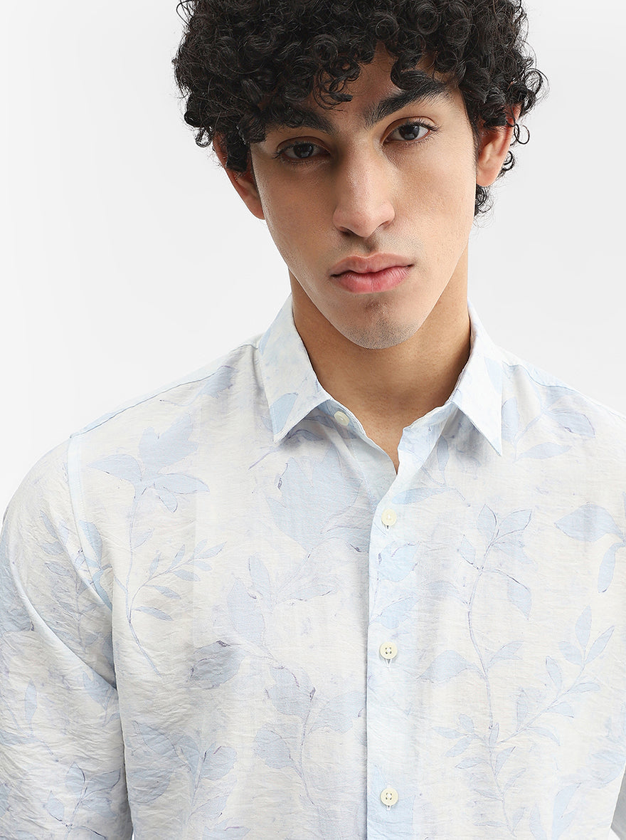 Blue & White Printed Slim Fit Casual Shirt | JadeBlue
