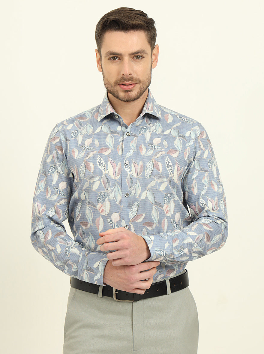 Blue Printed Slim Fit Party Wear Shirt | Wyre