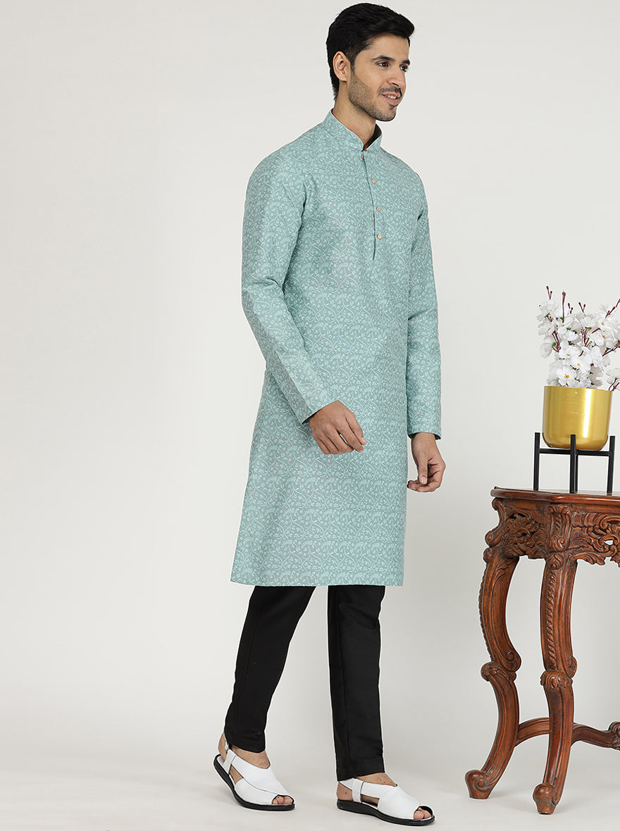 Light Turquoise Printed Silk Blend Kurta | The Kurta Company