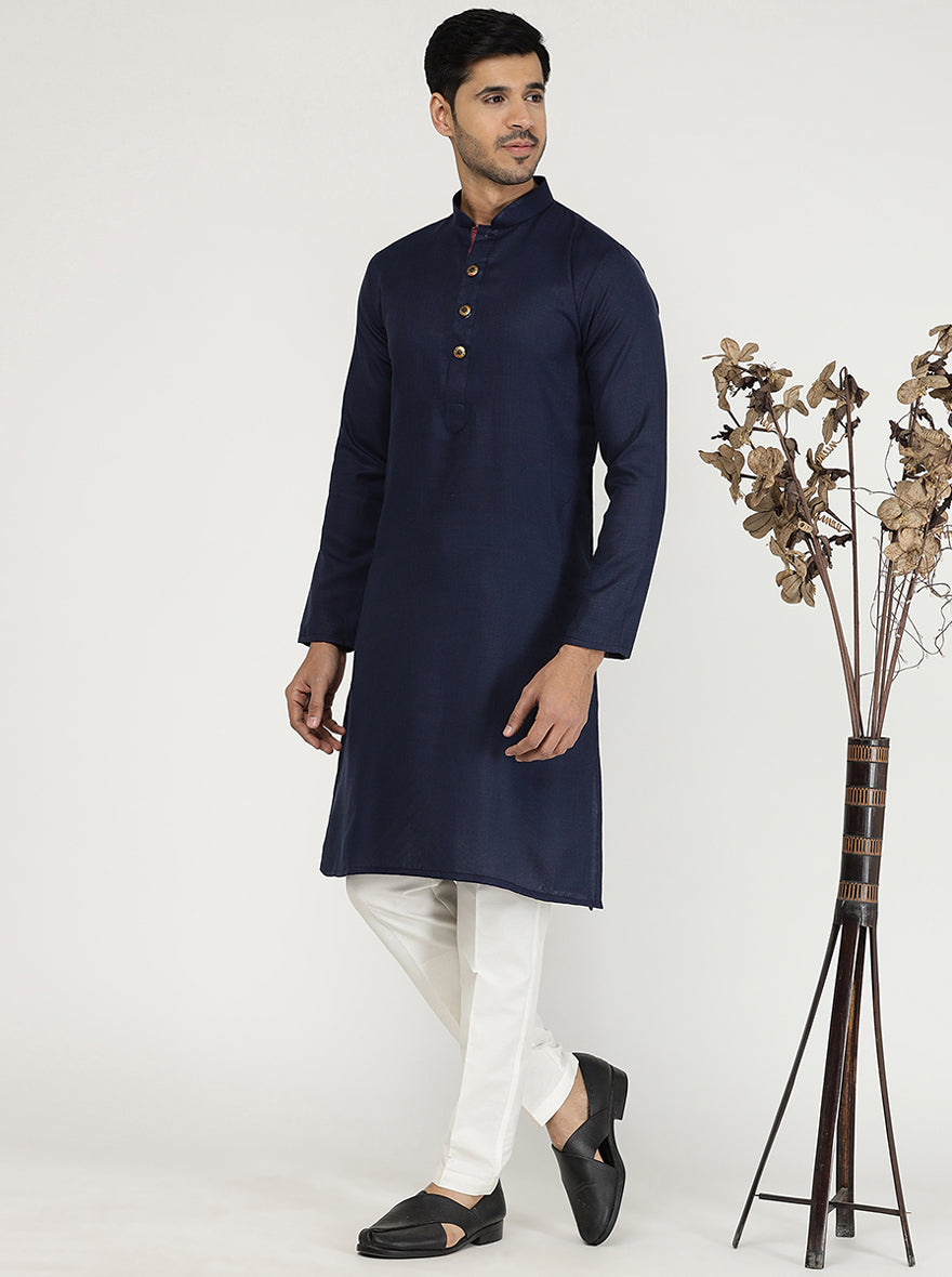 Navy Blue Solid Cotton Silk Blend Kurta | The Kurta Company