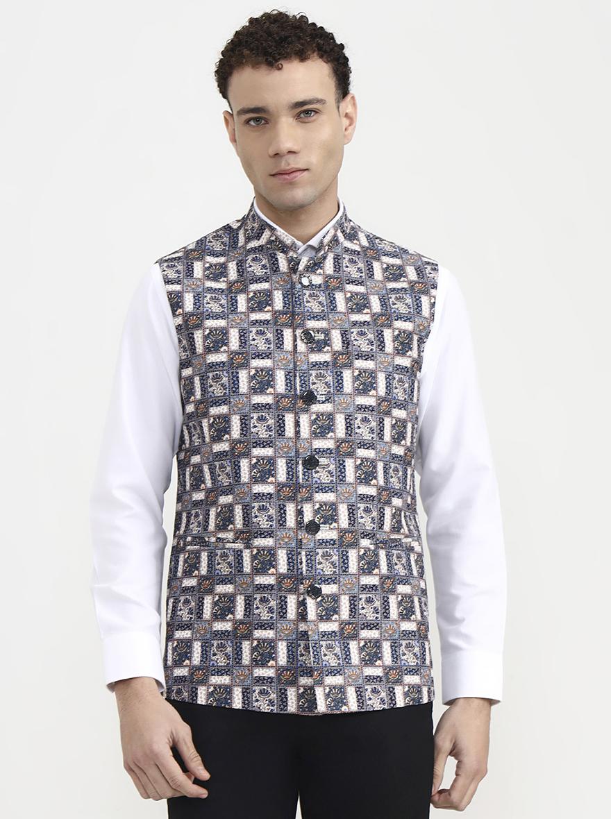 Blue & White Printed  Waistcoat | Greenfibre