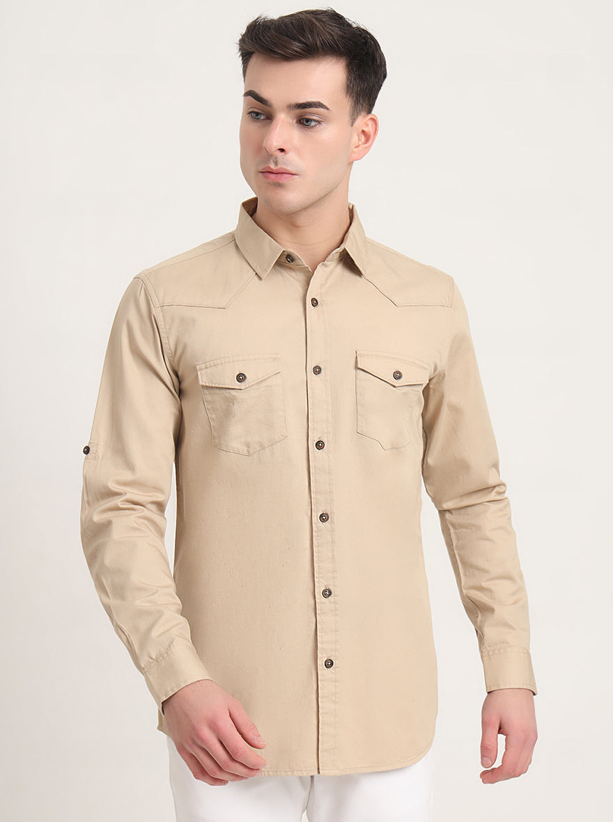 Beige Solid Slim Fit Casual Shirt | JadeBlue
