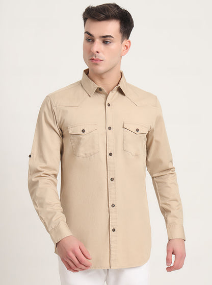 Beige Solid Slim Fit Casual Shirt | JadeBlue