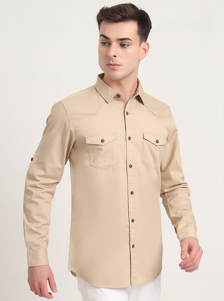Beige Solid Slim Fit Casual Shirt | JadeBlue