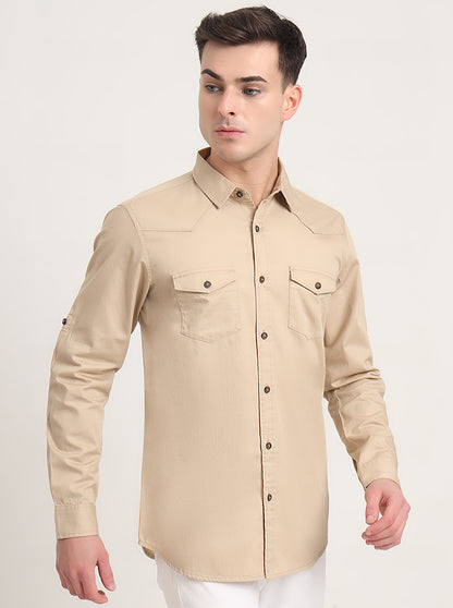 Beige Solid Slim Fit Casual Shirt | JadeBlue