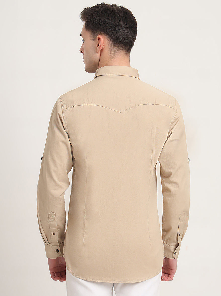 Beige Solid Slim Fit Casual Shirt | JadeBlue