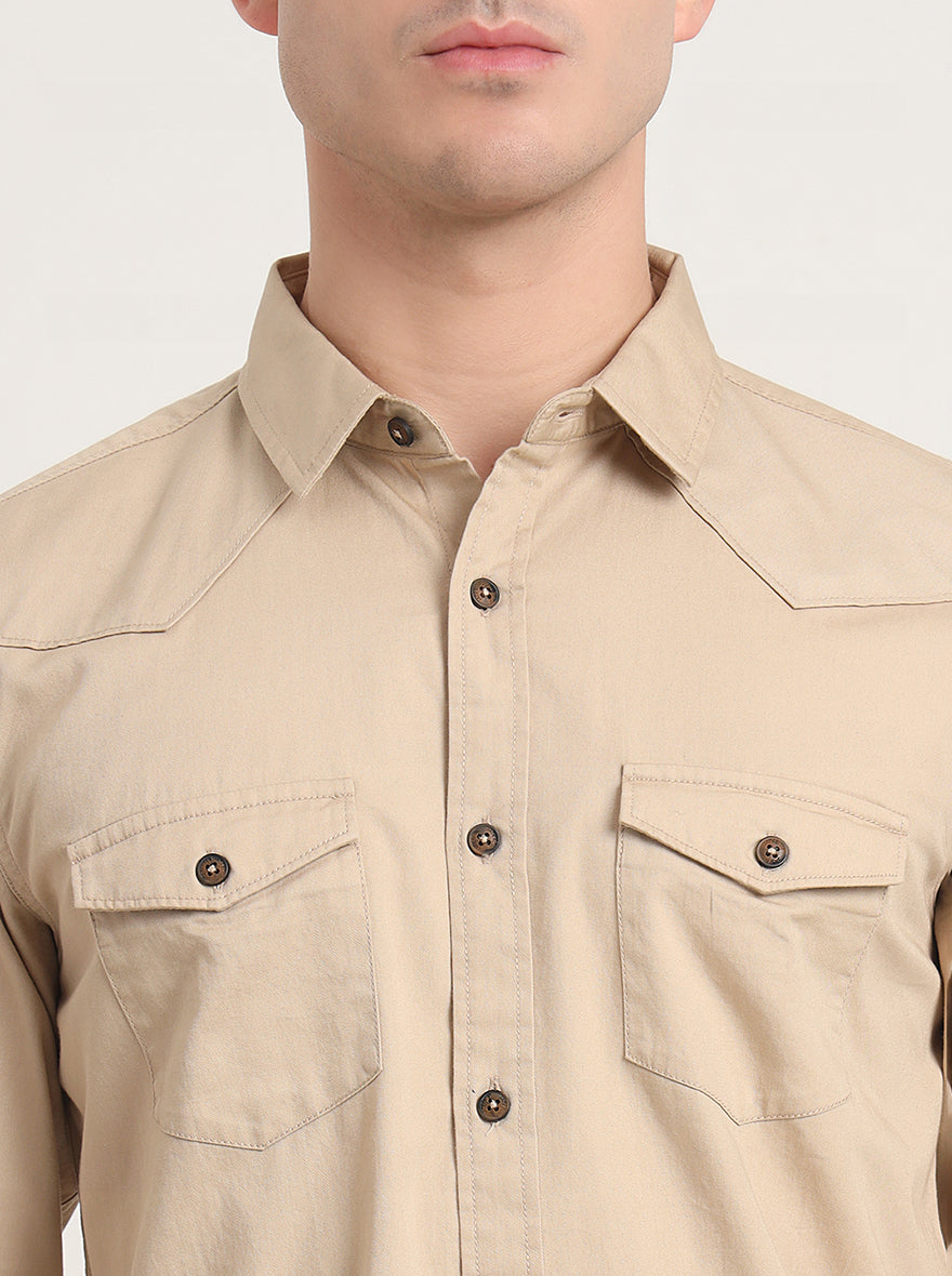 Beige Solid Slim Fit Casual Shirt | JadeBlue