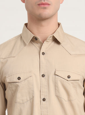 Beige Solid Slim Fit Casual Shirt | JadeBlue