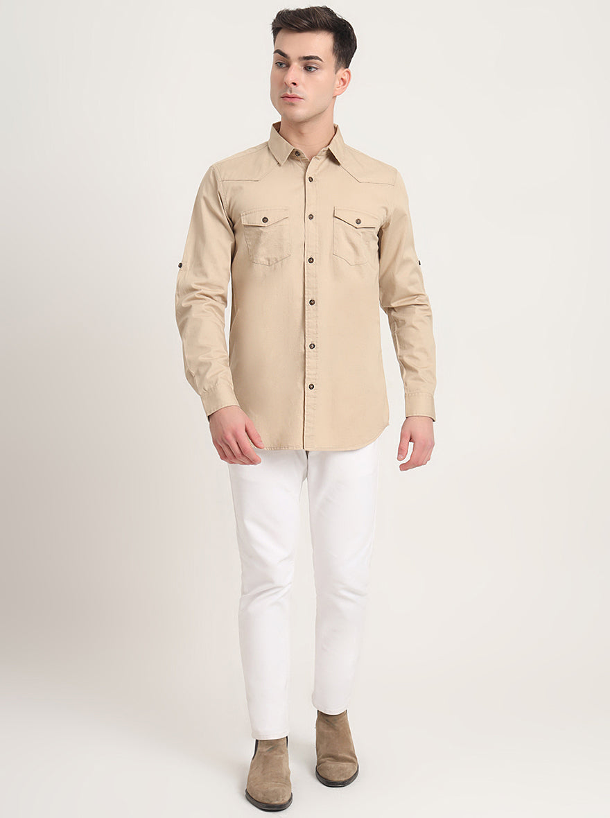Beige Solid Slim Fit Casual Shirt | JadeBlue