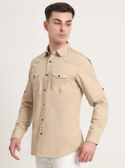 Beige Solid Slim Fit Casual Shirt | JadeBlue