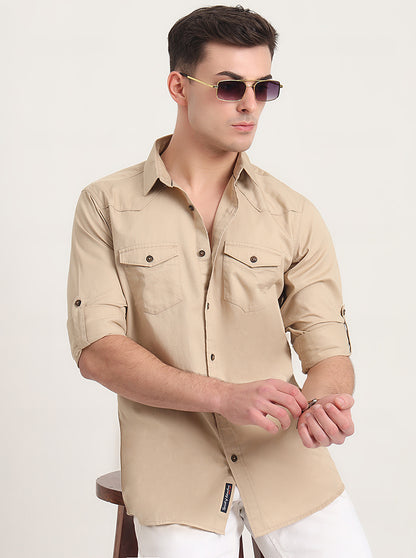 Beige Solid Slim Fit Casual Shirt | JadeBlue