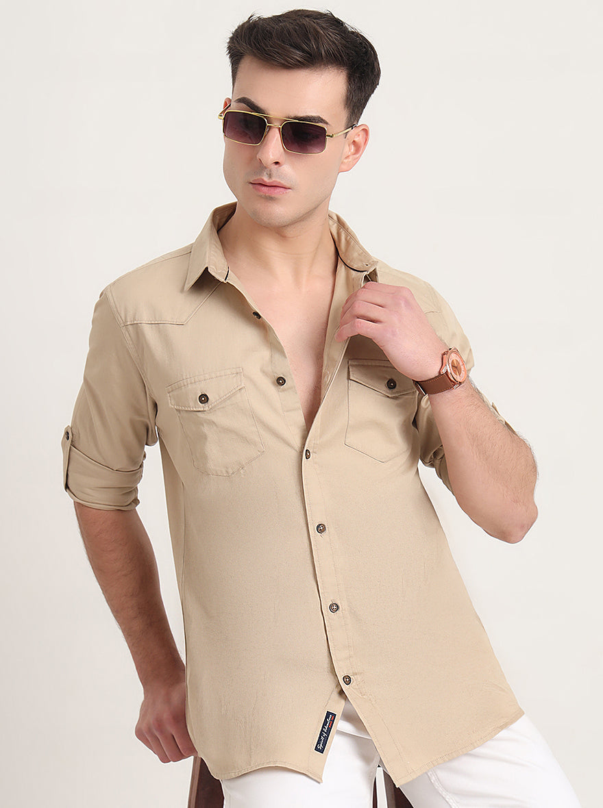 Beige Solid Slim Fit Casual Shirt | JadeBlue