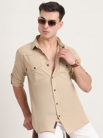 Beige Solid Slim Fit Casual Shirt | JadeBlue