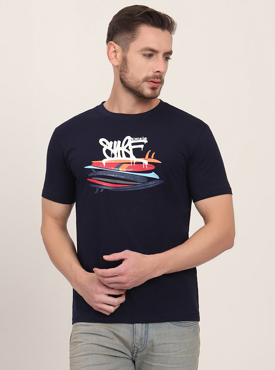 Navy Blue Printed Slim Fit T-Shirt | JadeBlue