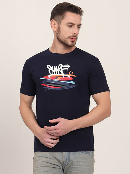 Navy Blue Printed Slim Fit T-Shirt | JadeBlue