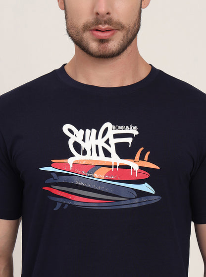 Navy Blue Printed Slim Fit T-Shirt | JadeBlue