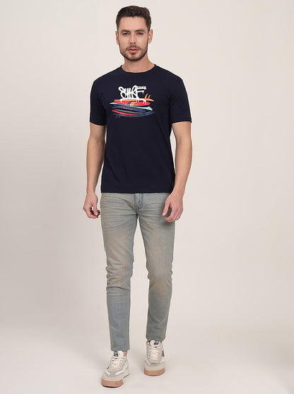 Navy Blue Printed Slim Fit T-Shirt | JadeBlue