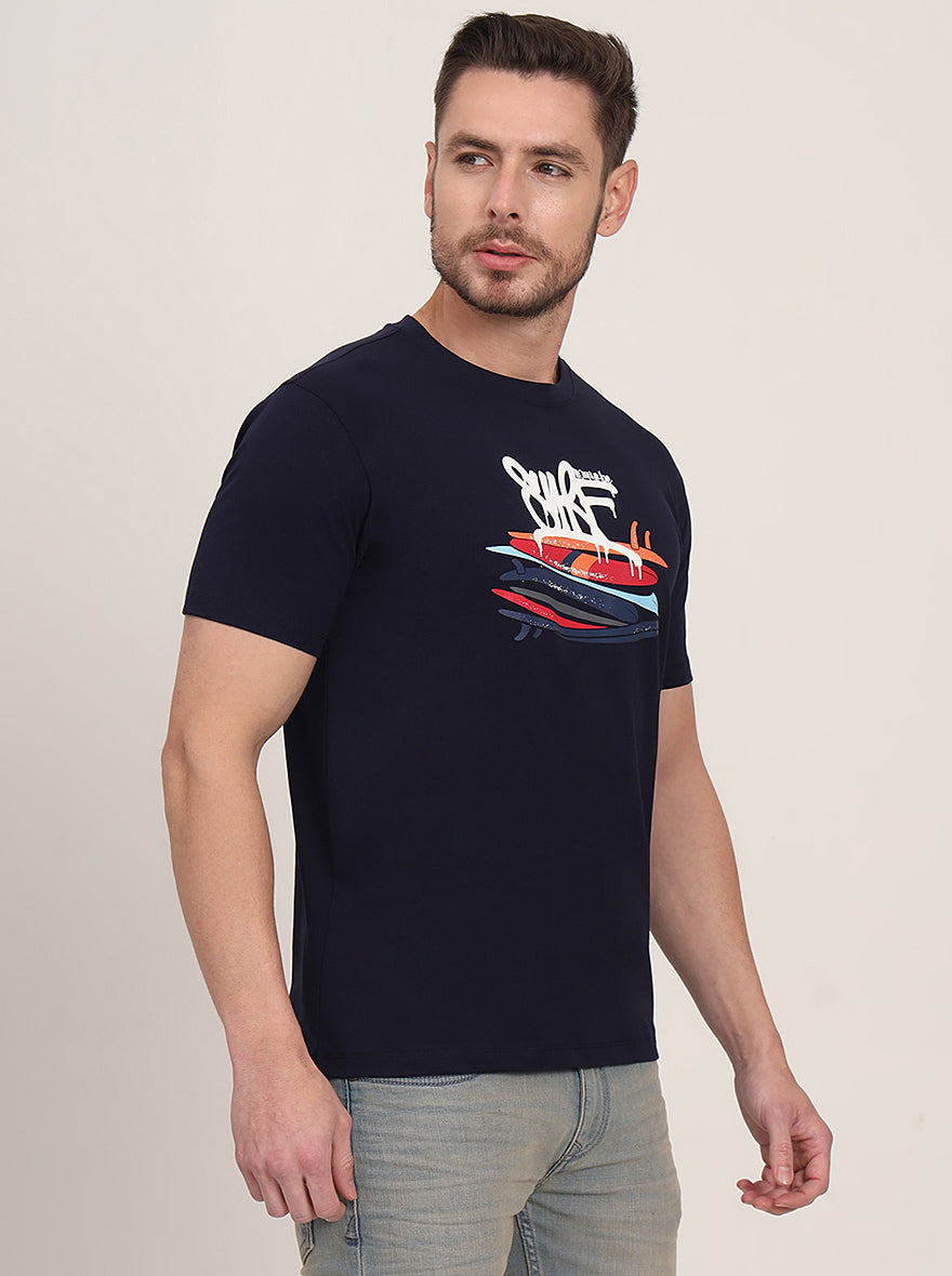 Navy Blue Printed Slim Fit T-Shirt | JadeBlue