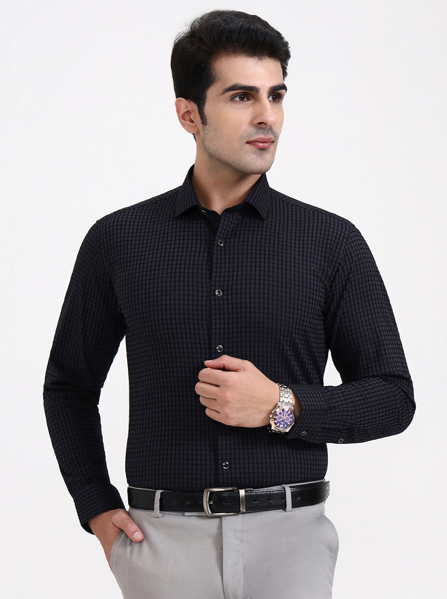 Dark Grey Checked Slim Fit Party Wear Shirt | Greenfibre