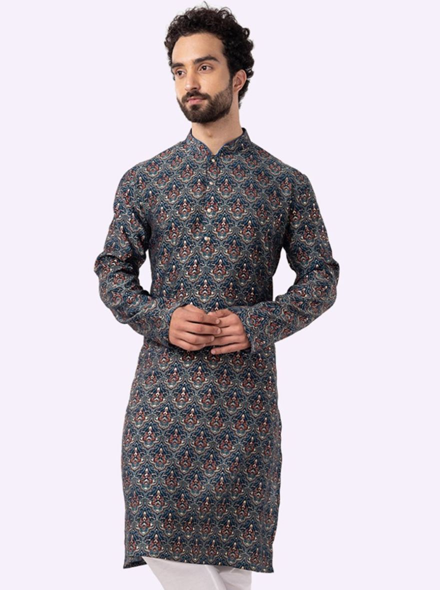 Blue Printed Cotton Silk Blend Kurta | The Kurta Company