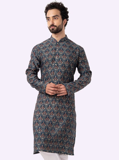 Blue Printed Cotton Silk Blend Kurta | The Kurta Company
