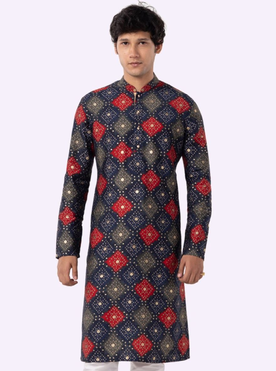 Designer Navy Blue & Maroon Printed Kurta | The Kurta Company