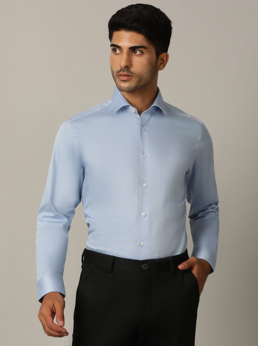 Sky Blue Solid Slim Fit Formal Shirt | Metal