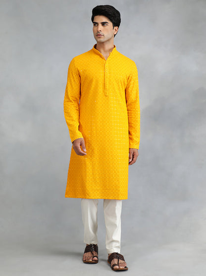 Mustard Bright Yellow Embroidered Kurta | The Kurta Company