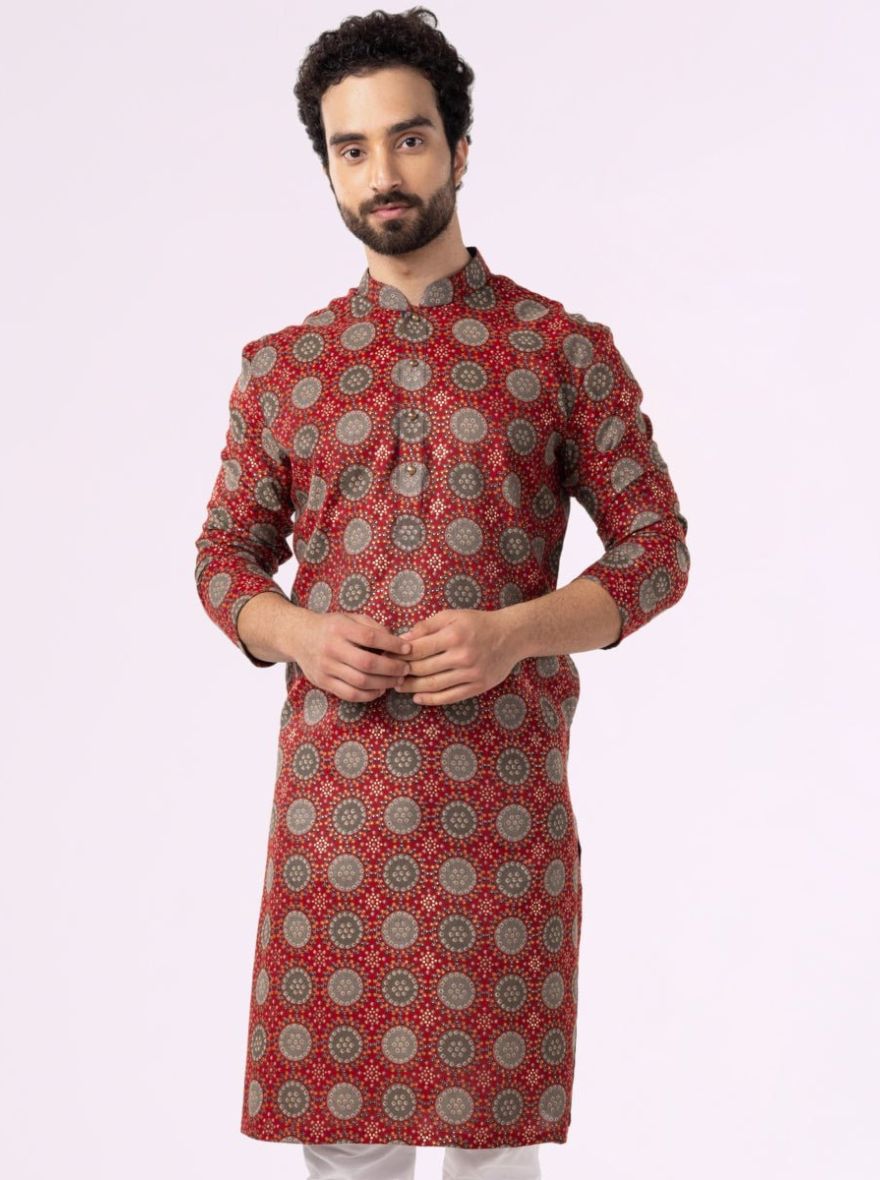 Maroon with Circular Bandhani Print Cotton Blend Men's Kurta