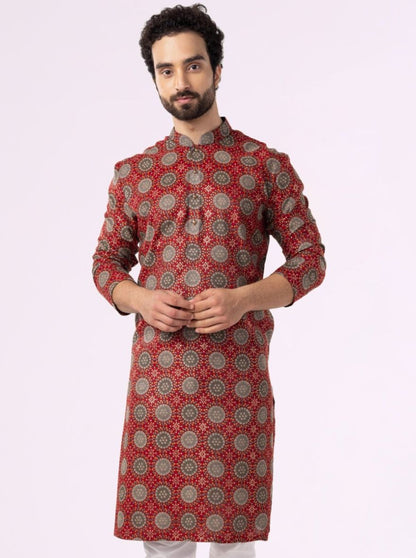 Maroon with Circular Bandhani Print Cotton Blend Men's Kurta