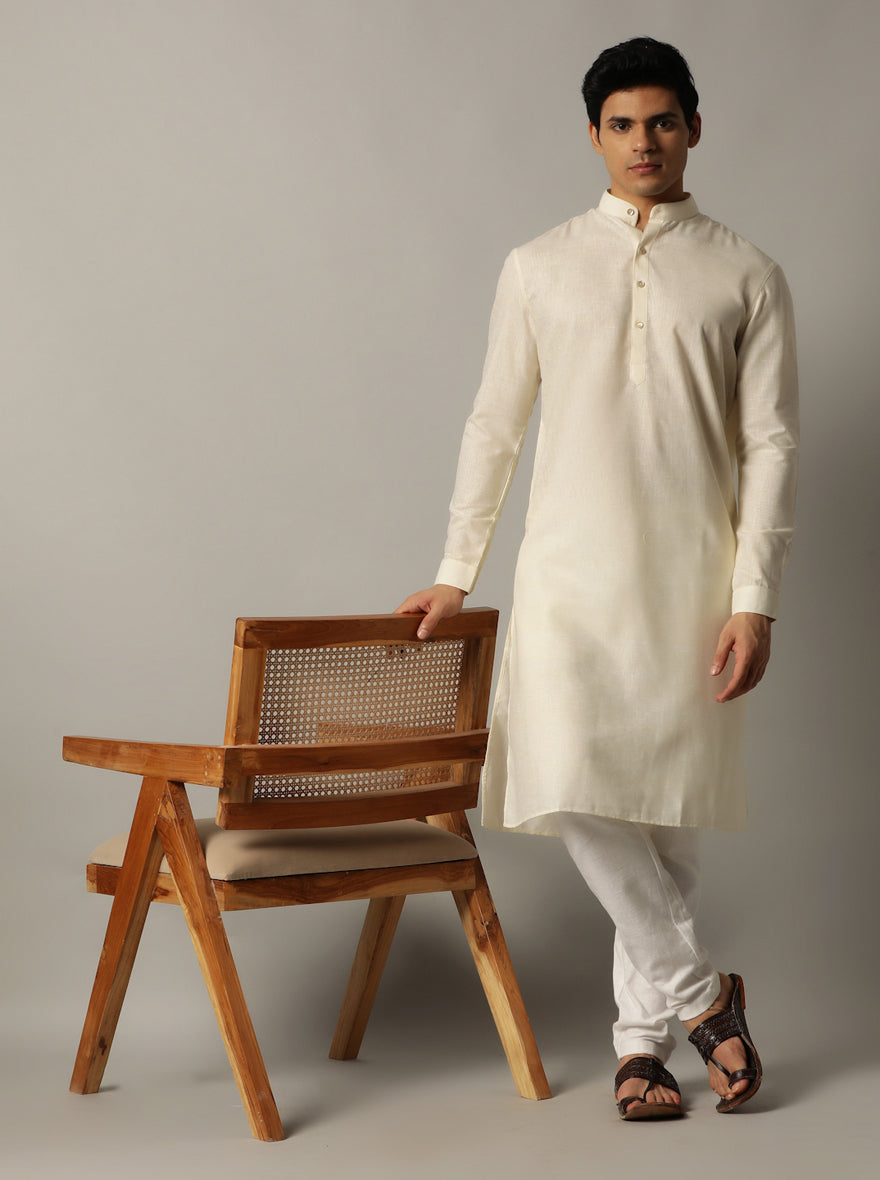 Cream Solid Regular Fit Modi Kurta | JadeBlue