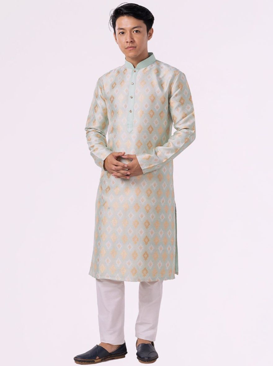 Mint Green Printed Jacquard Kurta | The Kurta Company