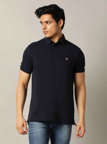 Navy Blue Solid Slim Fit Polo T-Shirt | JadeBlue